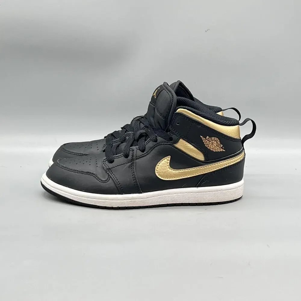 Nike Shoes Youth 3 Black Gold Leather Air Jordan 1 Mid Basketball Sneakers